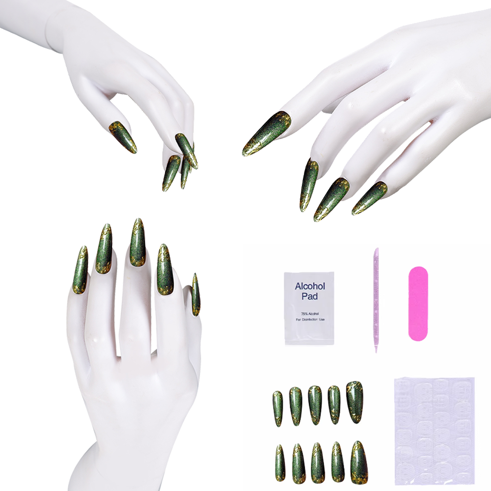 Nail Art Glitter - Uñas postizas verdes con detalles dorados